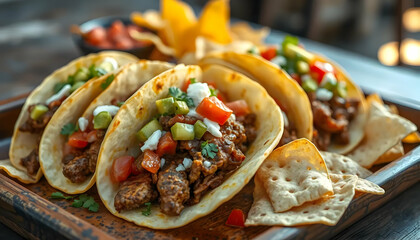 Delicious Tacos with Chicken and Fresh Vegetables on a Wooden Platter