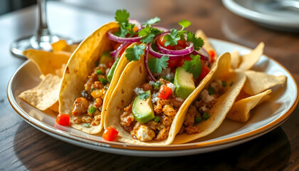 Delicious Street Tacos with Fresh Ingredients and Colorful Garnishes on a Rustic Wooden Table