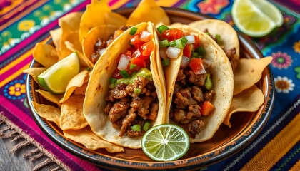 Delicious Tacos with Fresh Ingredients on a Colorful Tablecloth Decorated with Chips and Lime