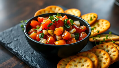 Fresh Tomato Salsa in a Black Bowl Surrounded by Crackers on a Wooden Table