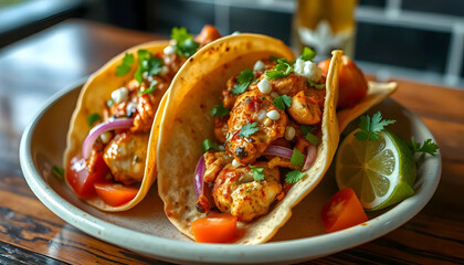Tasty Fish Tacos with Fresh Ingredients Served on a Plate with Lime Wedge