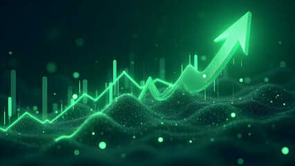 Abstract Financial Data Background with Glowing Green Arrow Over Rising Trend