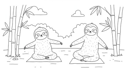 Adorable Sloths Doing Yoga Fun Coloring Page for Kids and Adults