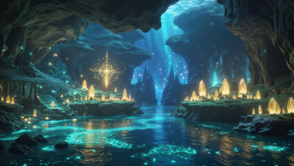 Mystical underwater cave landscape with bioluminescent lights and ethereal glow