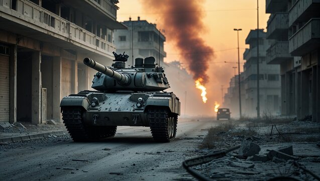Military Tank in War-Torn Urban Landscape at Sunset