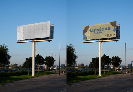 A large blank billboard stands alongside a road in Barcelona. PSD template mockup ready for your design