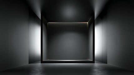 Sleek empty black studio room interior featuring seamless dark walls and subtle reflections, versatile minimalist backdrop for luxury product showcase, ecommerce mock-ups, futuristic branding visual