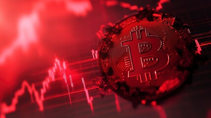 Red Bitcoin cryptocurrency coin on a red stock market graph showing a price drop.
