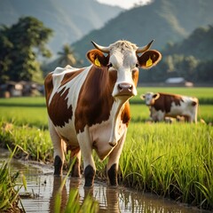Potrait of Cow in the center of rice field AI Generated Image