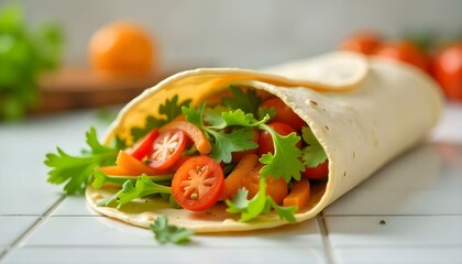 burrito with vegetables and tortilla, isolated on white