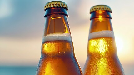 Two beer bottles clinking together in a sunset outdoor setting. 