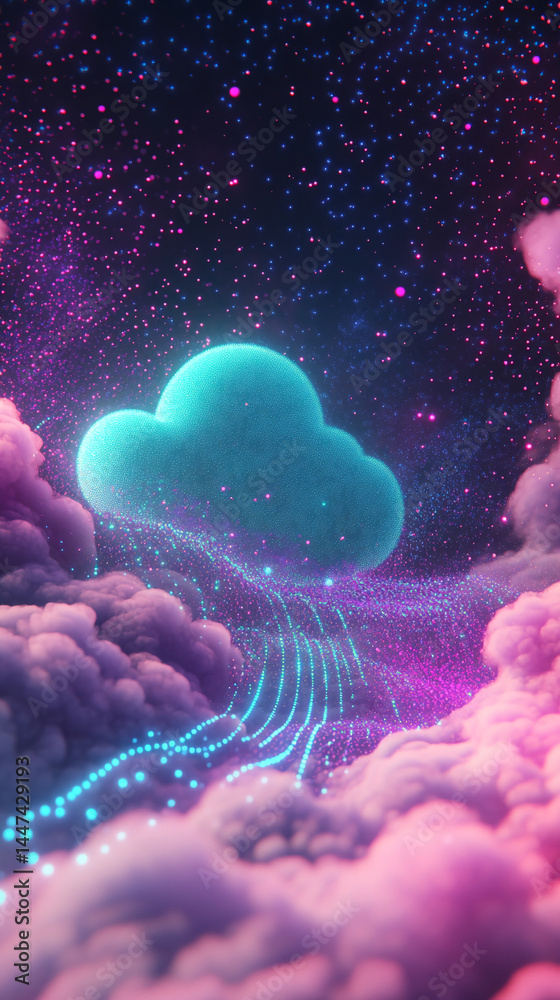 Poster glowing teal cloud shape in pink and purple nebula, digital art showcasing connection and data flow,