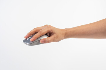 Hand and computer mouse wireless on white background.