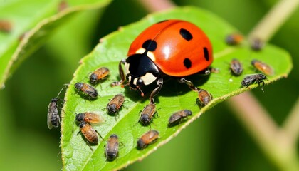 Fototapeta premium Ladybug sitting on a green leaf among aphids, detailed macro shot of nature, vibrant colors