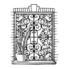 ornate iron window grate with plant vector