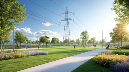 Naklejka premium Scenic park with power lines and vibrant plants under clear sky