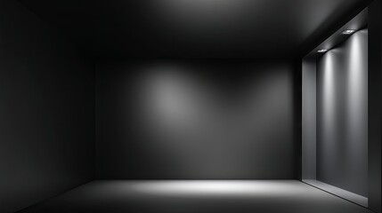 Sleek empty black studio room interior featuring seamless dark walls and subtle reflections, versatile minimalist backdrop for luxury product showcase, ecommerce mock-ups, futuristic branding visual