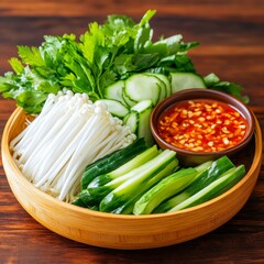 Fresh Vegetables and Dipping Sauce on Wooden Table Background