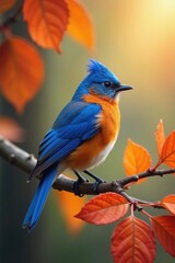 Fototapeta premium Vibrant bluebird, orange leaves, autumn branch, wild, perch, bird