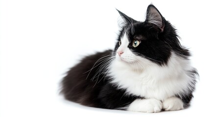 A sleek black and white cat gracefully rests against a pristine background
