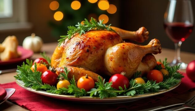 Roast capon & turkey centerpiece, festive Christmas table setting, classic, yummy, stuffing