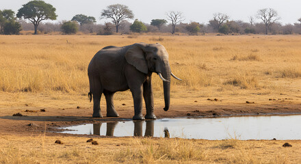 Obraz premium African Elephant at Watering Hole in Savanna Landscape