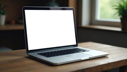 Fototapeta premium Sleek silver laptop, blank screen, rustic wood table, illumination, internet, simple