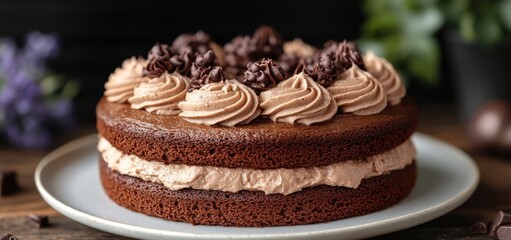 Delicious Two-Layered Chocolate Cake with Creamy Frosting and Chocolate Chips