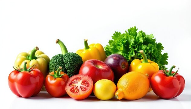 Variety of organic fruits and vegetables isolated on white, colorful, unprocessed, wellness