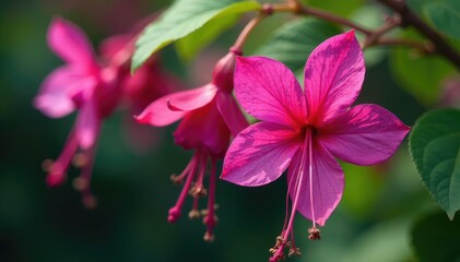 Vibrant fuchsia blossoms, intricate leaf details, plant, nature