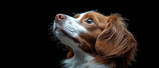 Naklejka premium Brittany spaniel gazes upward with anticipation, its fur rich and dark against a black backdrop