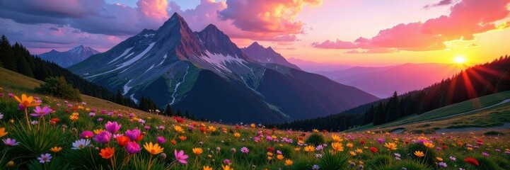 Vibrant sunset hues paint Crested Butte's peaks, wildflowers bloom below , wildflowers, Crested Butte