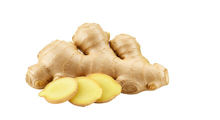 A ginger root with three slices on a black space