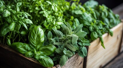 Fresh herbs, basil, sage, and oregano in a wooden crate.