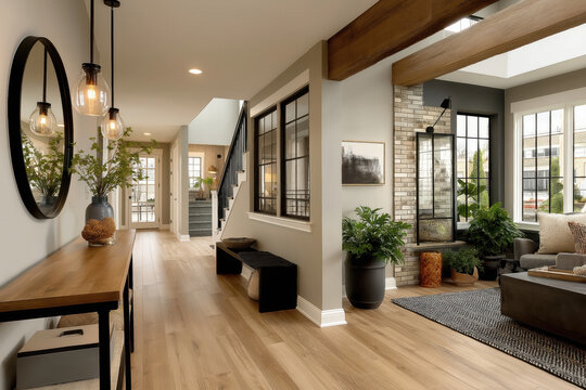 Entr&eacute;e de maison moderne avec d&eacute;coration &eacute;l&eacute;gante et lumi&egrave;re naturelle