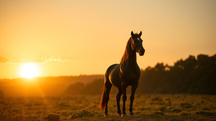 A majestic warhorse stands proudly, its barding reflecting the setting sun - mammal powerful silhouette pasture sun