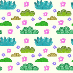 Seamless Pattern of Colorful Bushes and Flowers in Watercolor Style