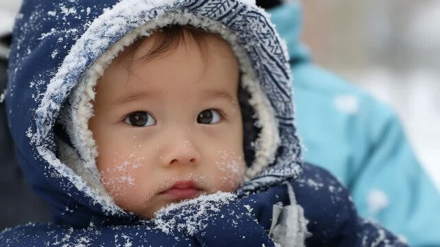 A cute toddler bundled in winter clothing, surrounded by snowflakes, capturing the wonder and joy of a snowy day, evoking feelings of innocence and comfort.