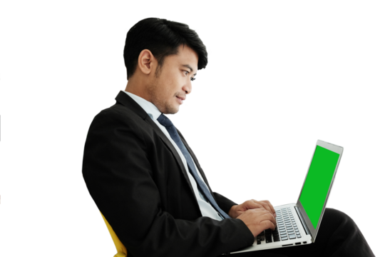 Professional Asian businessman wearing black suit working with laptop