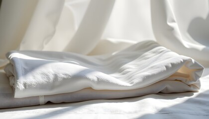 Folded white linen in sunlight, minimalist texture with branding space.