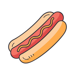 Delicious hotdog illustration with mustard, fast food, american cuisine, sausage, bun, tasty treat