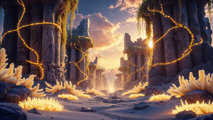 Ancient ruins at sunset serene fantasy landscape with glowing plants and columns