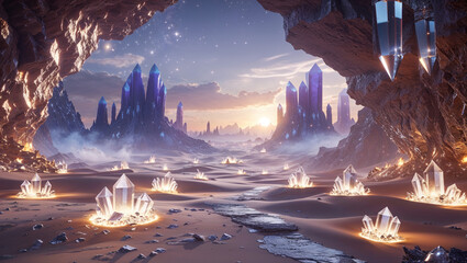 Crystal landscape at sunset majestic mountains and cave in fantasy setting