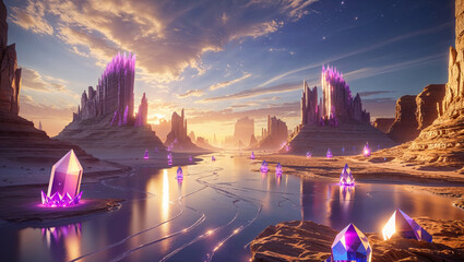 Crystal formations in desert landscape reflecting sunset colors with water reflection and stars