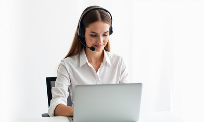 Businesswoman using headset & laptop - Remote work