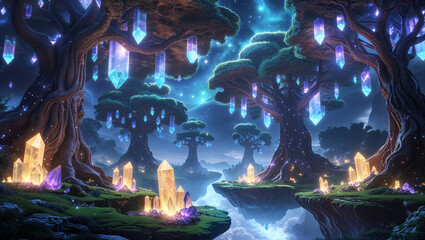 Enchanted crystal forest with floating islands at night magical scene