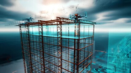 Futuristic aerial view of a building assembling from scaffolding to completion, enhanced with digital effects, holographic elements, cinematic lighting, and realistic textures.