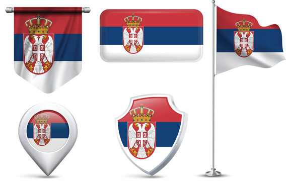 Set of Serbian Flags in Different Shapes and Styles