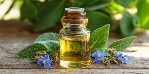 Clary Sage Essential Oil in Glass Bottle with Leaves and Dried Flowers, Herbal Medicine Concept