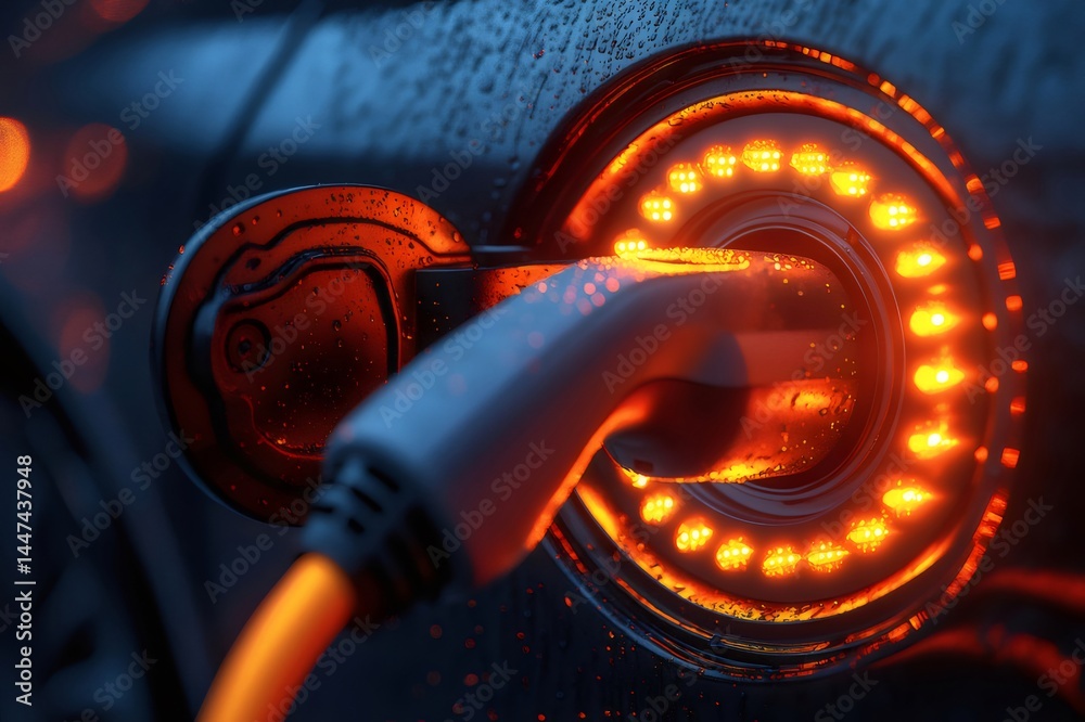 Aufkleber オレンジ色のledライトが輝く電気自動車充電プラグと車のクローズアップ